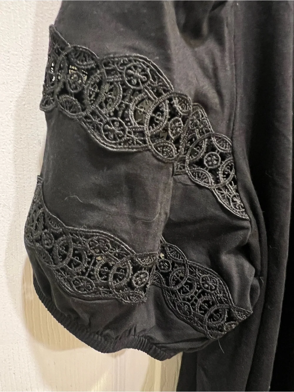 LOFT Black Puff Sleeve Top with Lace Trim
